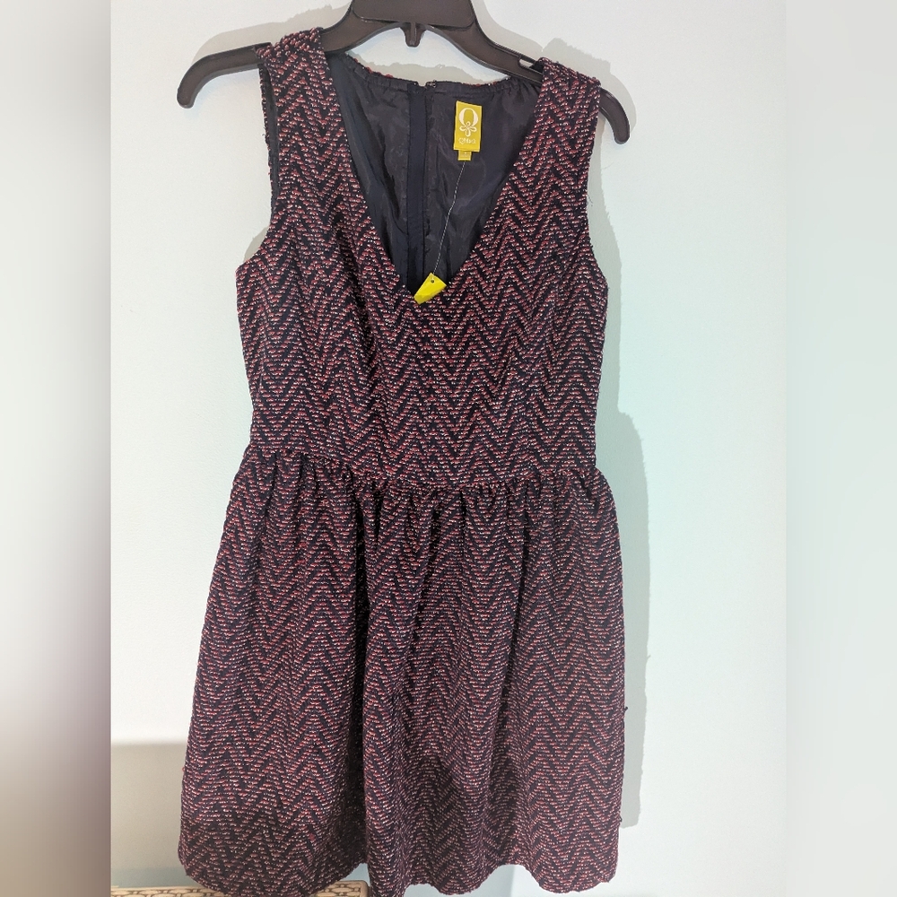 QMack Red and Black Pleated Midi Dress